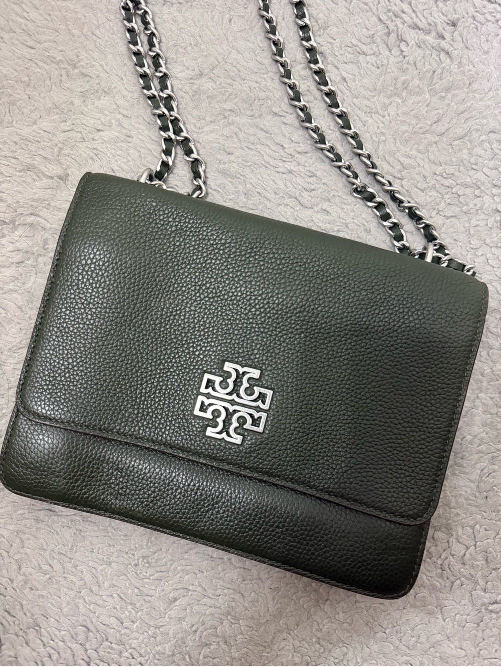 Tory Burch Dark Green Pebbled Leather Chain Shoulder Bag